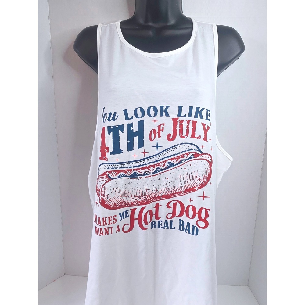 Womens 4th‎ of July Hot Dog Graphic Tank Top White Racerback 2XL Funny Patriotic